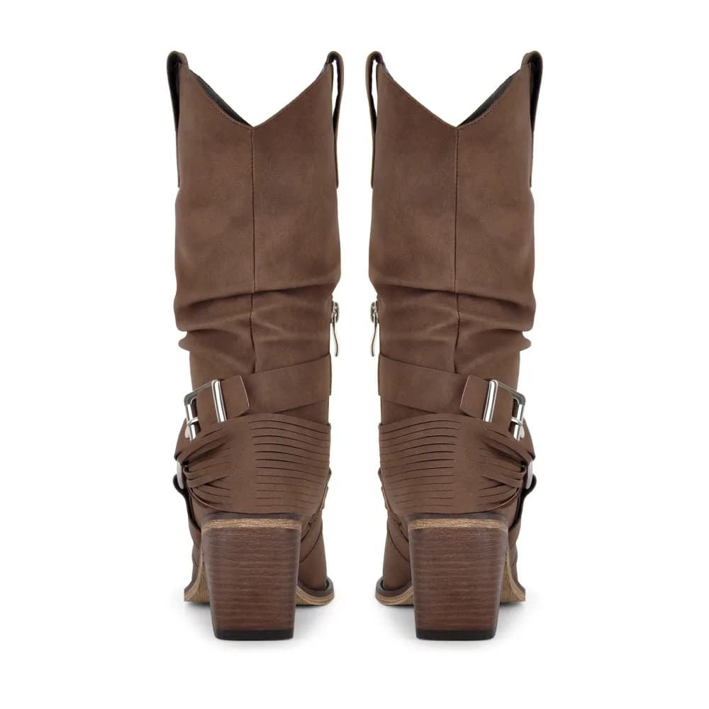 Ruched Buckle Strap Mid-Calf Western Boots