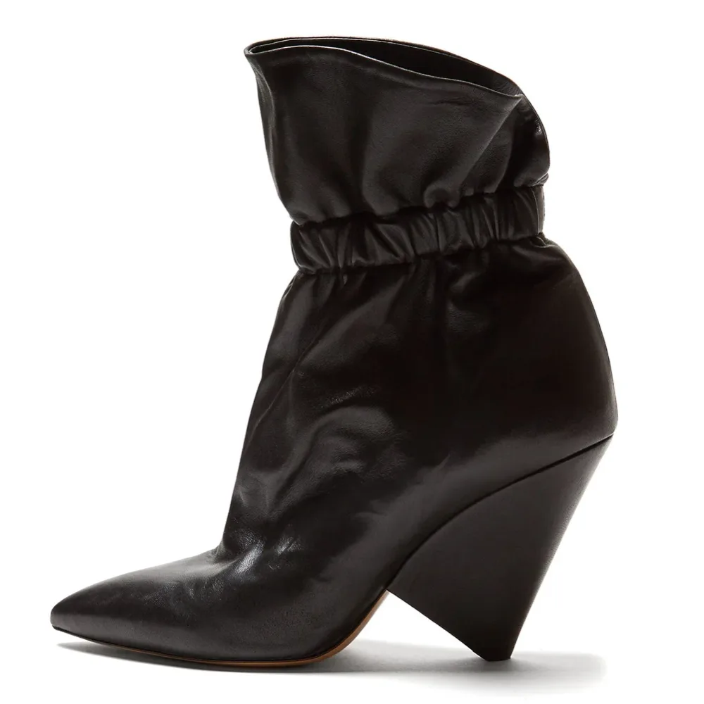 Pointed Toe Ruched Top Fur-Lined Cone Heel Ankle Boots
