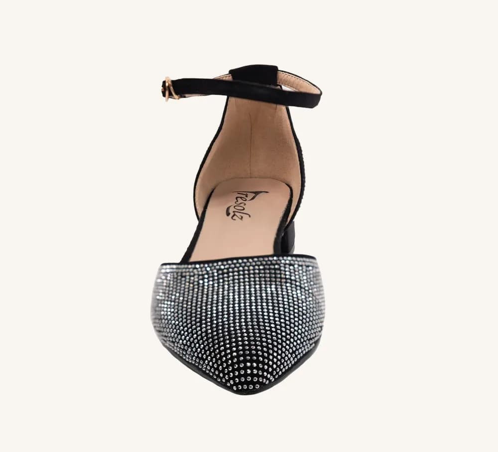 Debbie Vegan Dress Flats with Rhinestone Accents and Ankle Strap