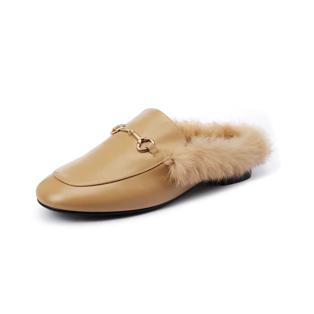 Hillary Women's Mules - Fur Trim - Leather - Flat Heel
