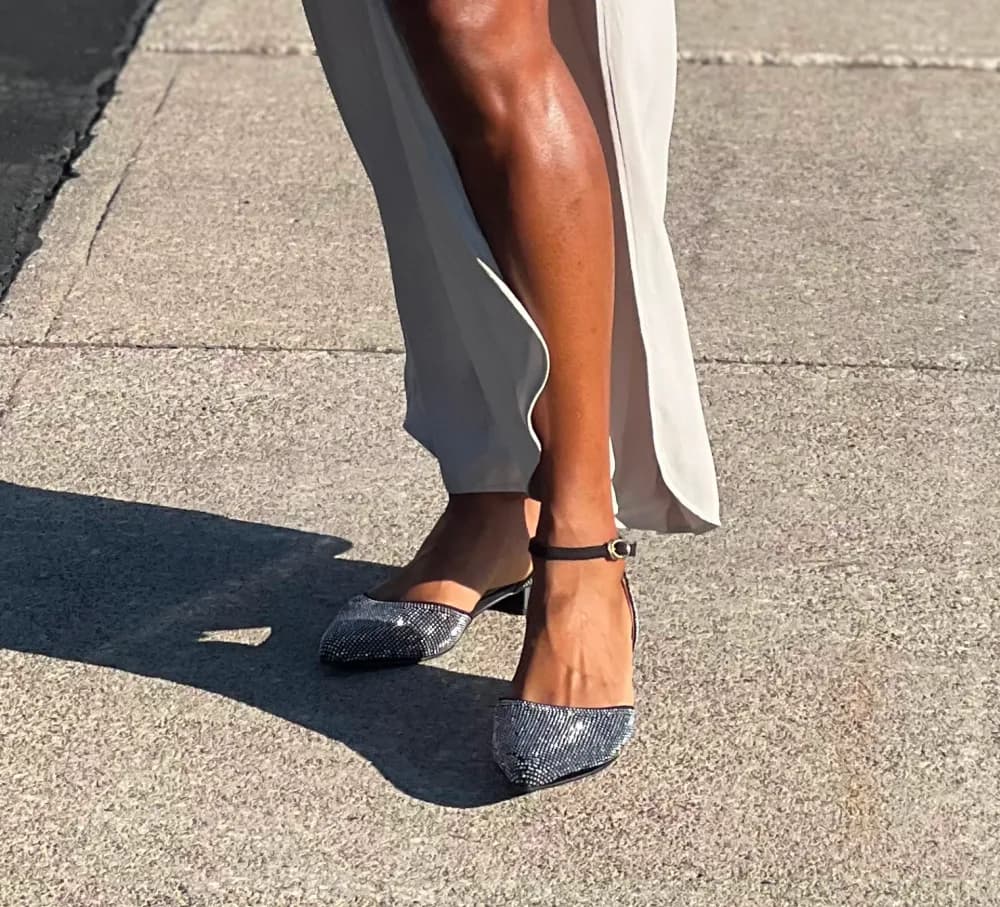 Debbie Vegan Dress Flats with Rhinestone Accents and Ankle Strap