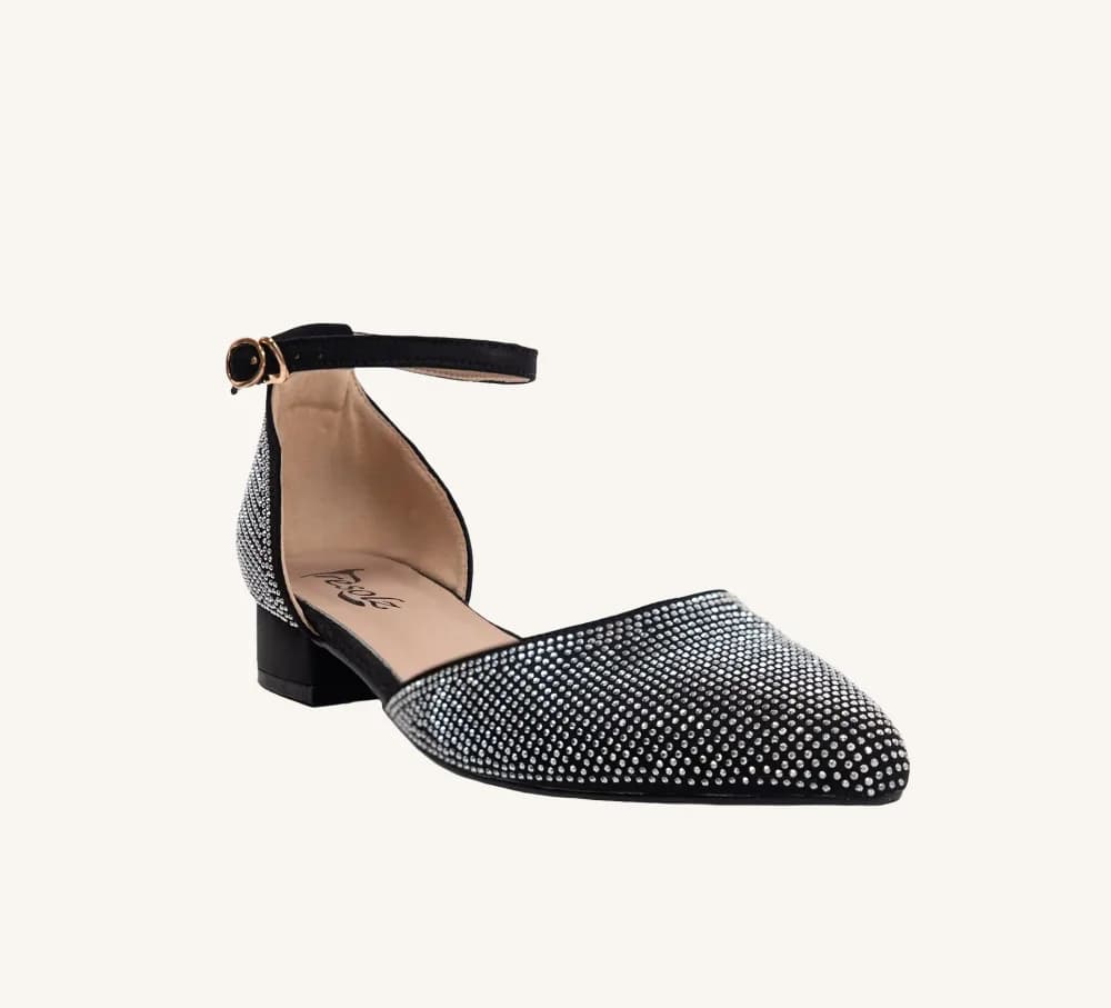 Debbie Vegan Dress Flats with Rhinestone Accents and Ankle Strap