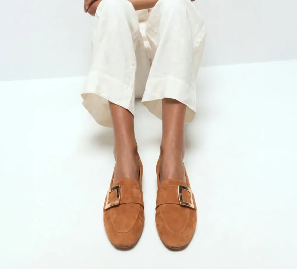 Jackie Full Grain Suede Brown Loafer with Faux Buckle Detail