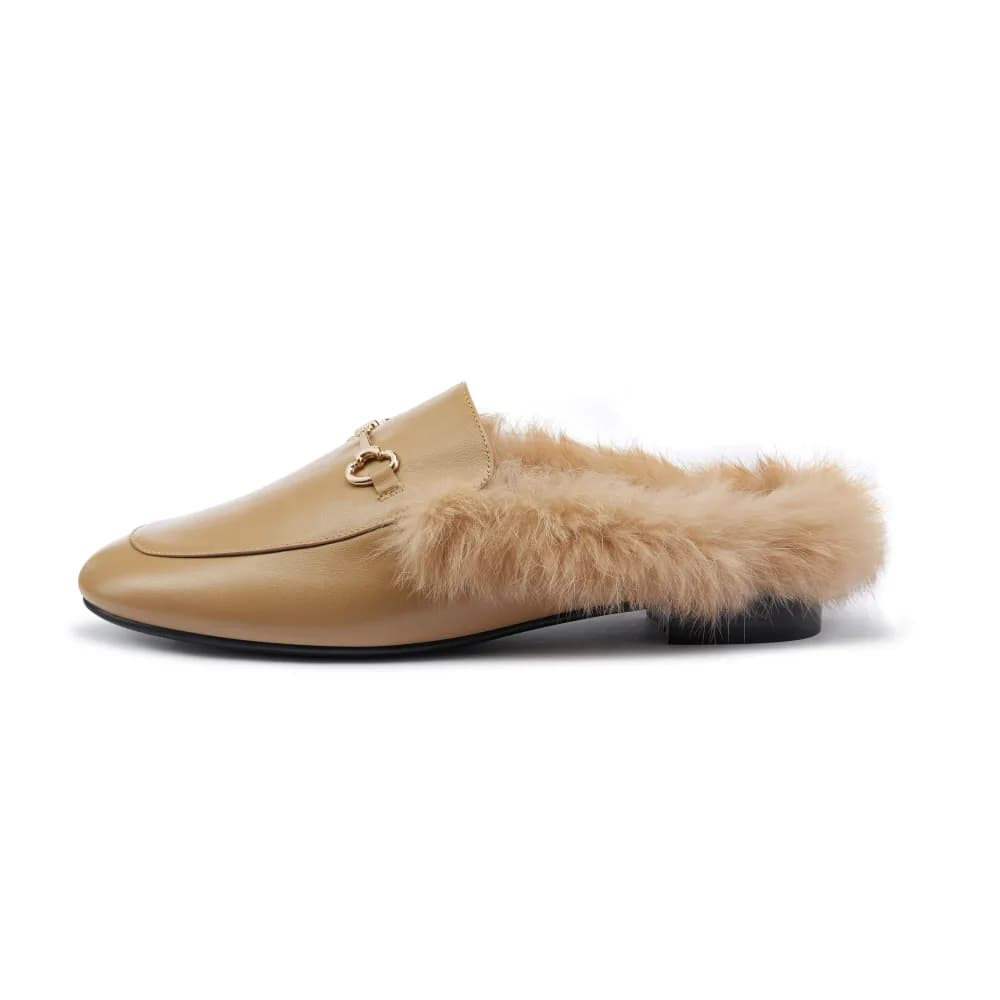 Hillary Women's Mules - Fur Trim - Leather - Flat Heel
