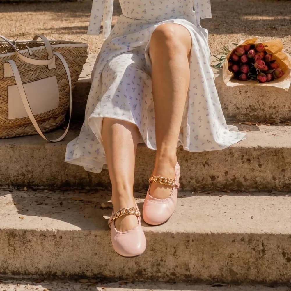 Justice Premium Leather Ballerina Flat with Gold Chain Accent