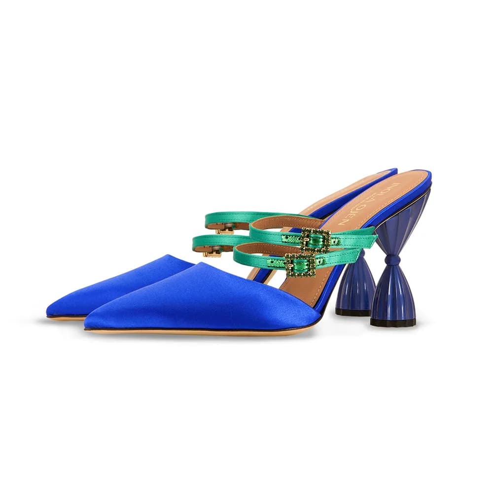 Lolita Pointy Toe Mule With Crystal Buckles - Blue