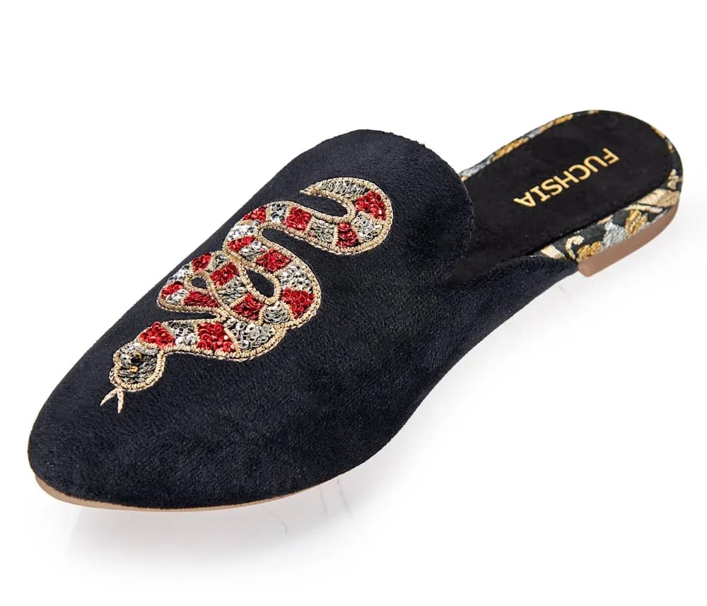Serpent Black - Vegan Handmade Crystal Embroidered Luxury Velvet Mules By Fuchsia Shoes