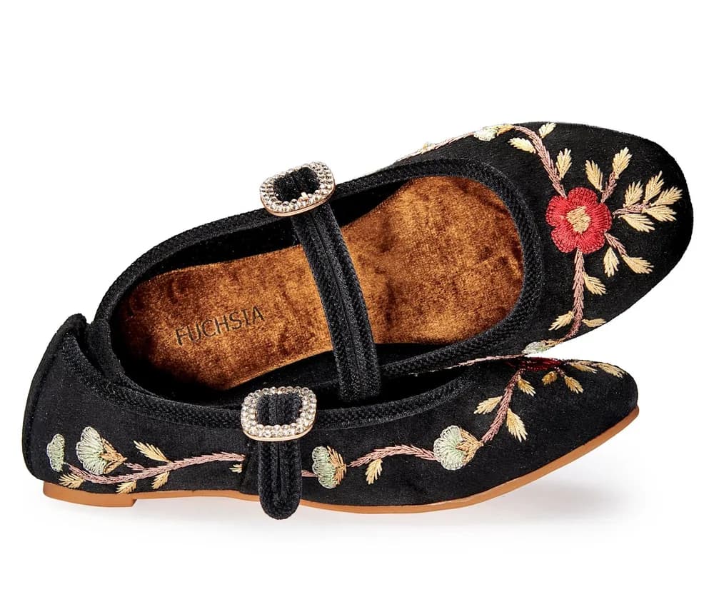 Paradise Black Mary Jane - Handmade Artisan Floral Embroidered Velvet Flats By Fuchsia Shoes