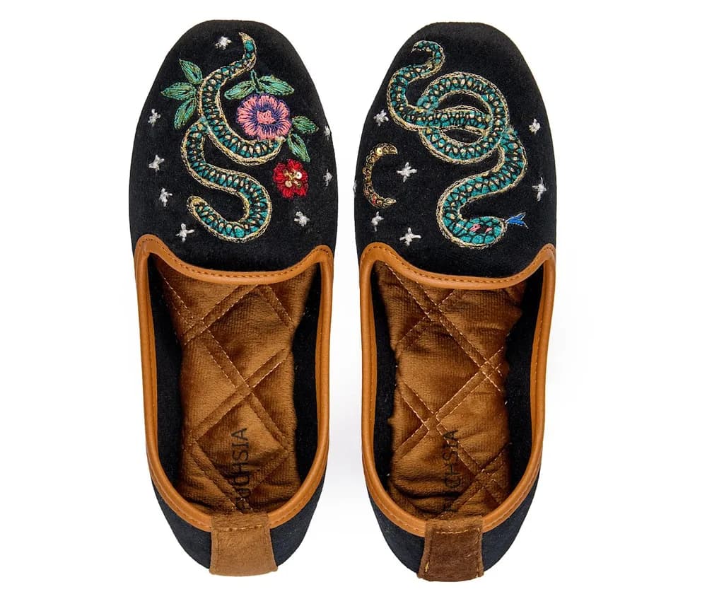 Viper Velvet Moccasins - Handmade Serpent Embroidered Velvet Loafers By Fuchsia Shoes - Black