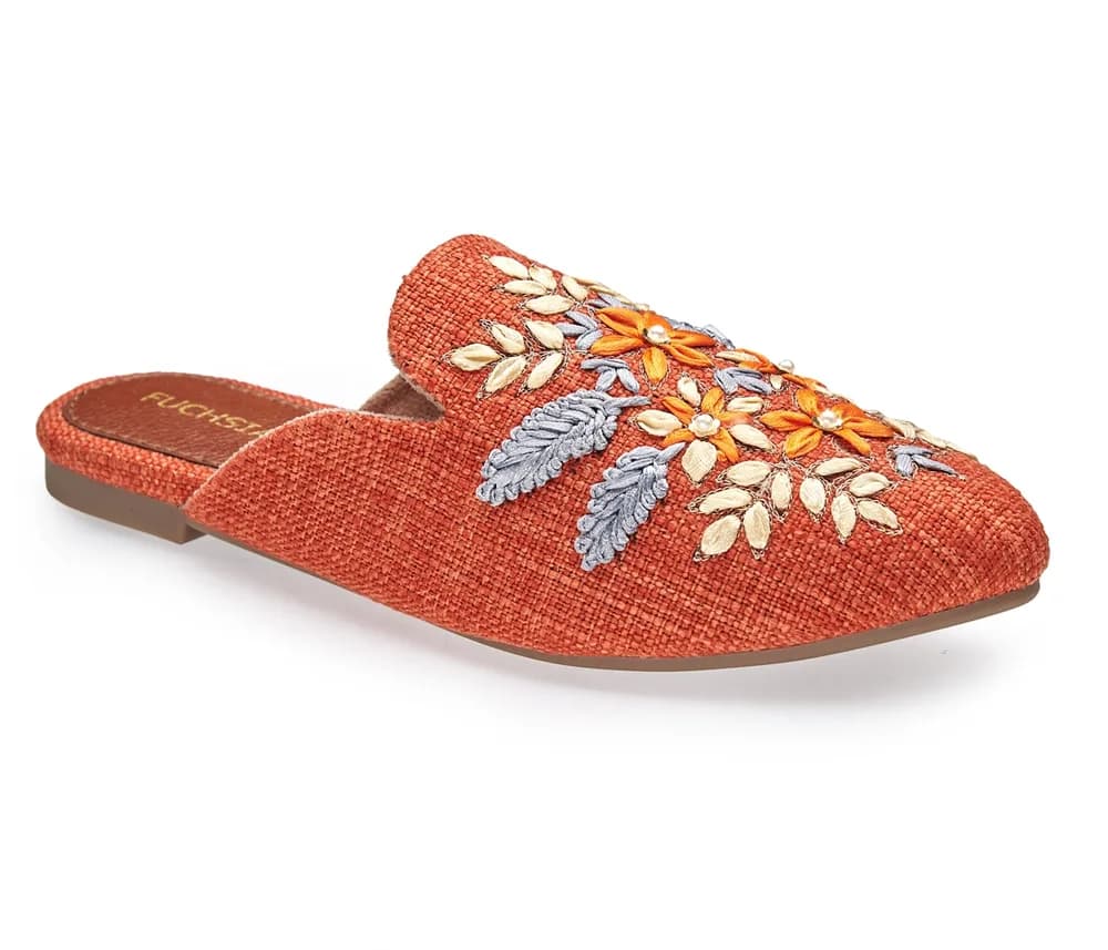 Blossom Bliss Orange - Handmade Embroidered Canvas Mules By Fuchsia Shoes