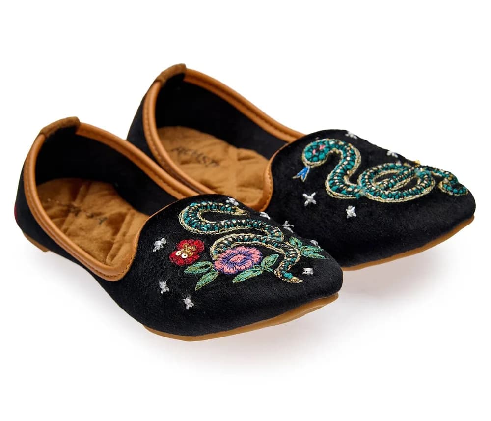Viper Velvet Moccasins - Handmade Serpent Embroidered Velvet Loafers By Fuchsia Shoes - Black