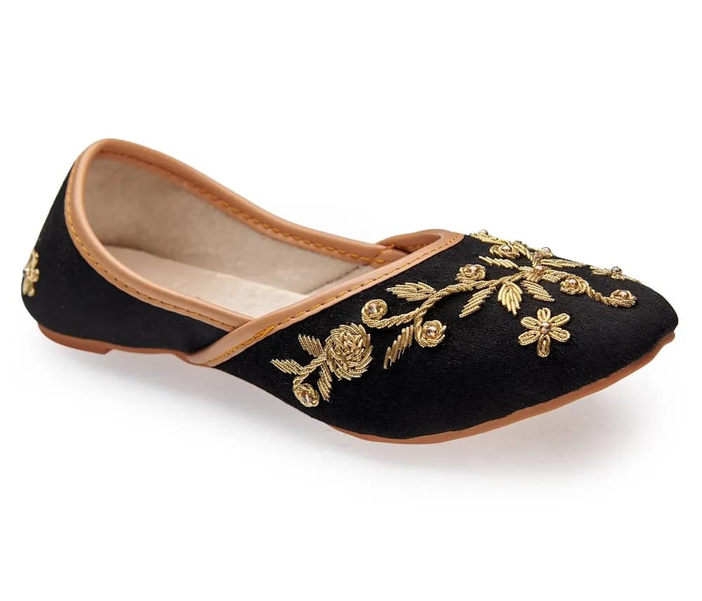 Marina - Handcrafted Golden Wire Embroidered Velvet Flats By Fuchsia Shoes - Black