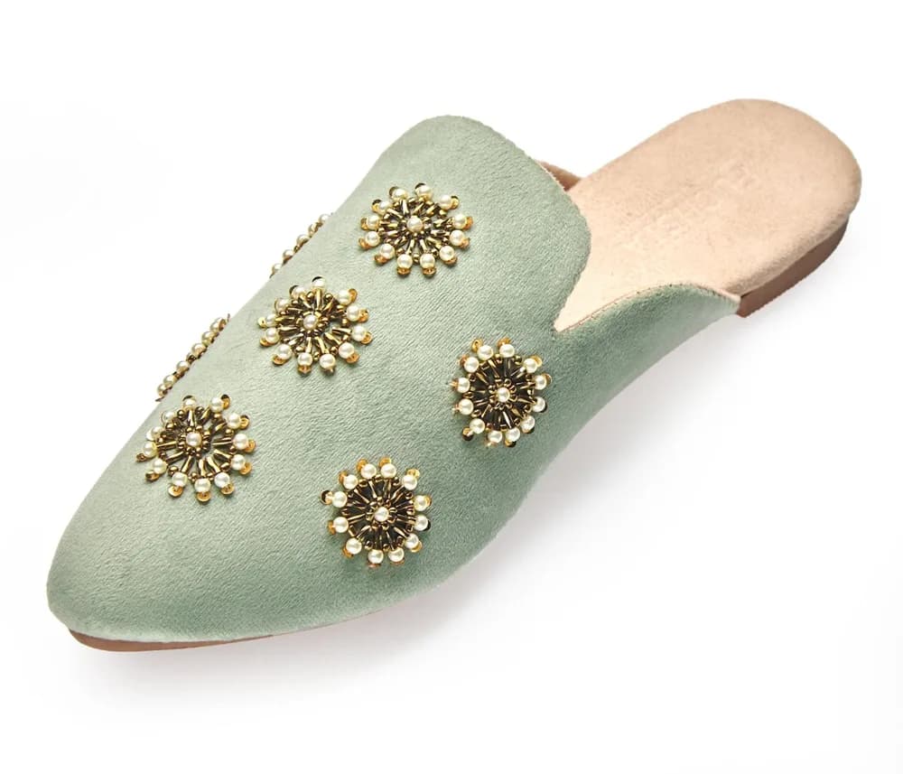 Galaxy Pastel Green - Handmade Pearl Embroidered Luxury Velvet Pointed Toe Mules By Fuchsia Shoes