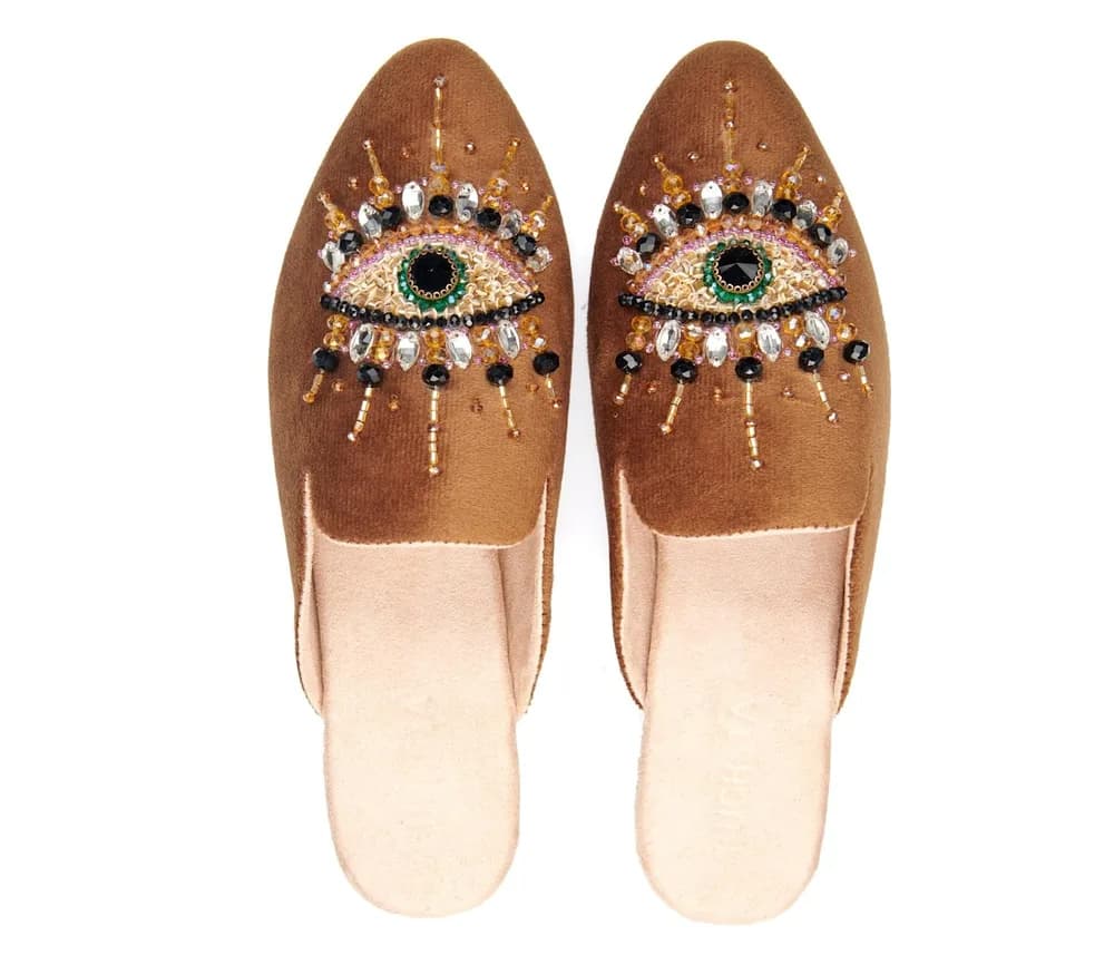 The Good Eye - Vegan Handmade Crystal Embroidery Mules By Fuchsia Shoes -Brown