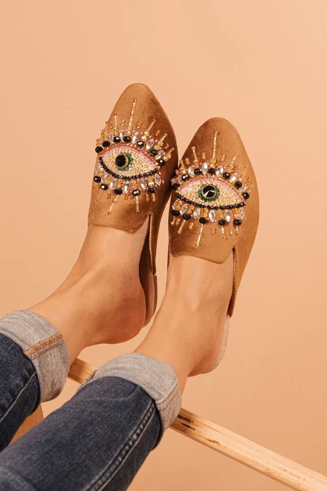 The Good Eye - Vegan Handmade Crystal Embroidery Mules By Fuchsia Shoes -Brown