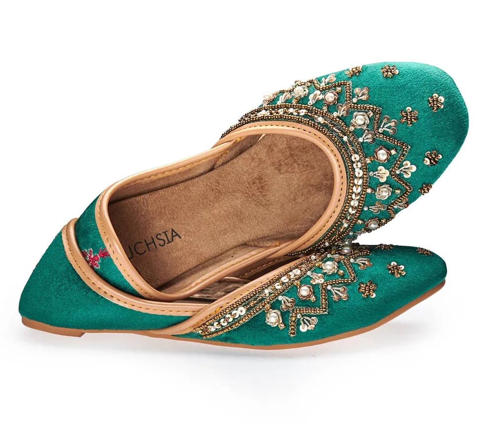 Heer Bloom - Handcrafted Beaded & Pearl Embroidered Jutti Flats By Fuchsia Shoes - Green