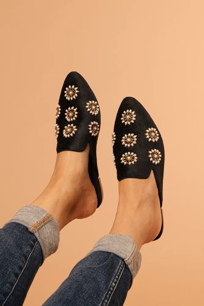 Galaxy Black - Handmade Pearl Embroidered Luxury Velvet Pointed Toe Mules By Fuchsia Shoes