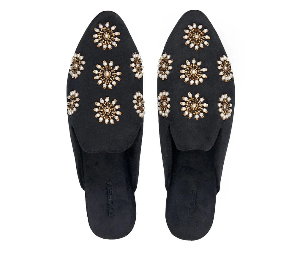 Galaxy Black - Handmade Pearl Embroidered Luxury Velvet Pointed Toe Mules By Fuchsia Shoes