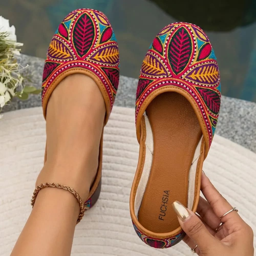 Olivia - Handmade Woven & Pink Embroidered Artisan Flats Juttis By Fuchsia Shoes - Multicolor