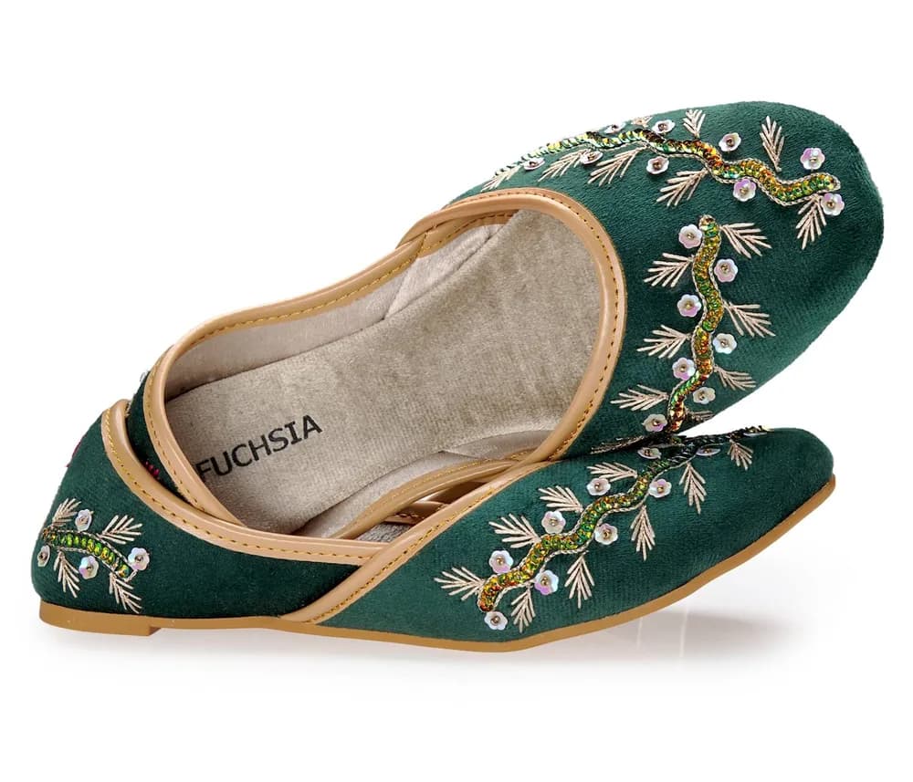 Rania - Handcrafted Embroidered Velvet Jutti Flats By Fuchsia Shoes - Dark Green