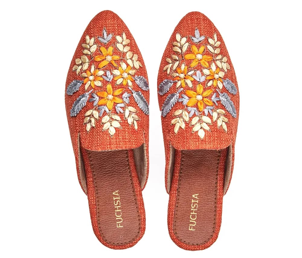 Blossom Bliss Orange - Handmade Embroidered Canvas Mules By Fuchsia Shoes