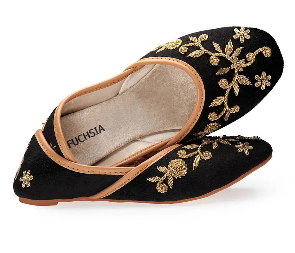 Marina - Handcrafted Golden Wire Embroidered Velvet Flats By Fuchsia Shoes - Black