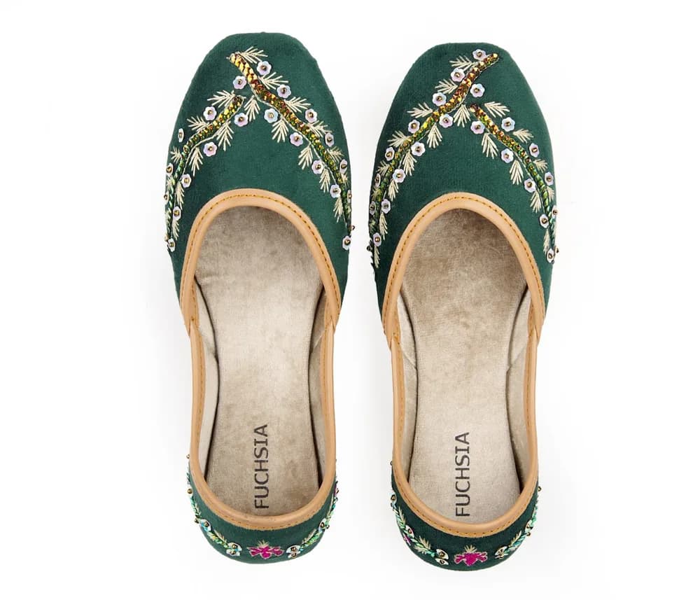 Rania - Handcrafted Embroidered Velvet Jutti Flats By Fuchsia Shoes - Dark Green