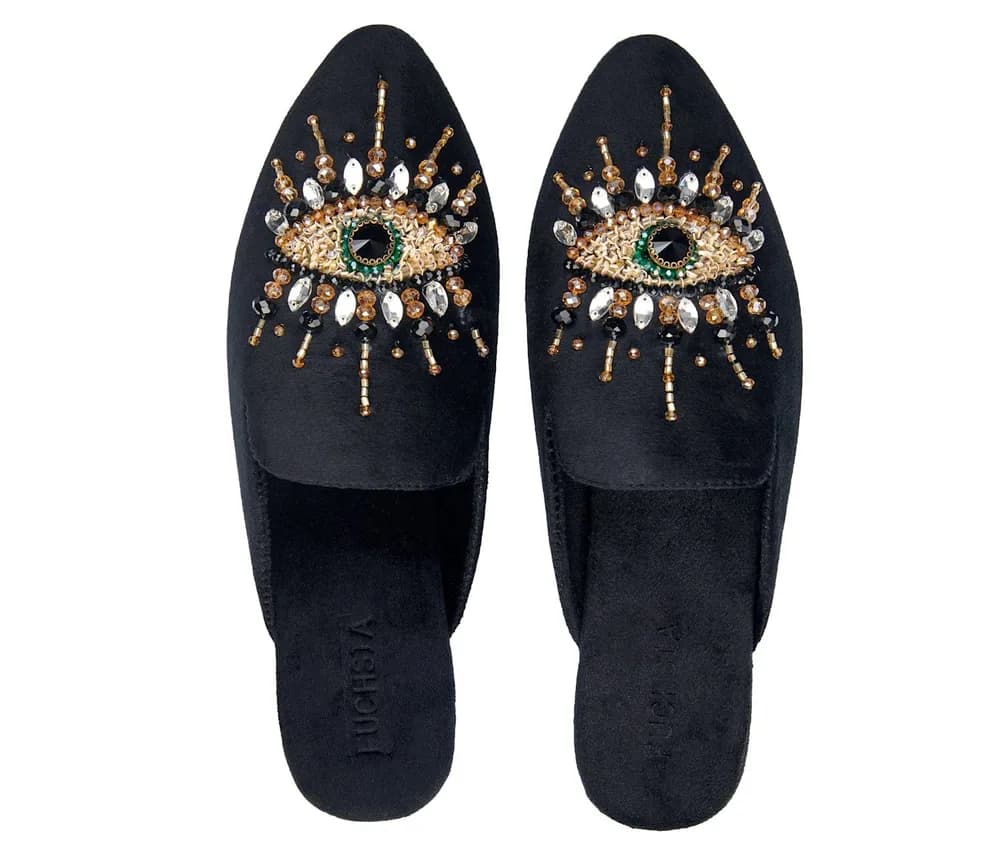 The Good Eye - Vegan Handmade Crystal Embroidery Mules By Fuchsia Shoes - Black
