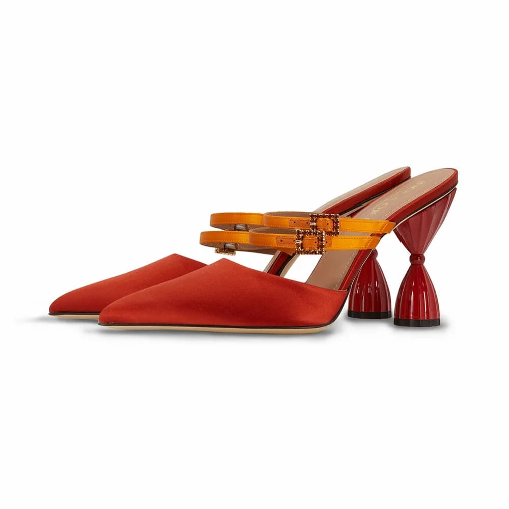 Lolita Pointy Toe Mule With Crystal Buckles - Red