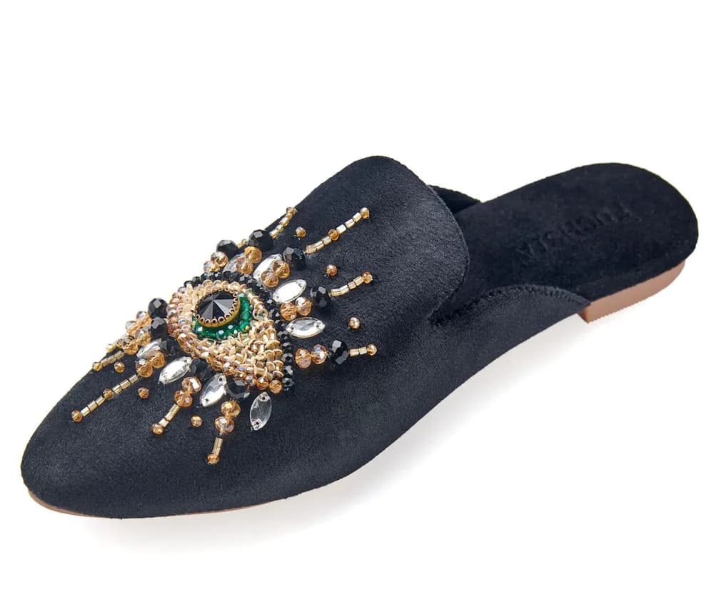 The Good Eye - Vegan Handmade Crystal Embroidery Mules By Fuchsia Shoes - Black